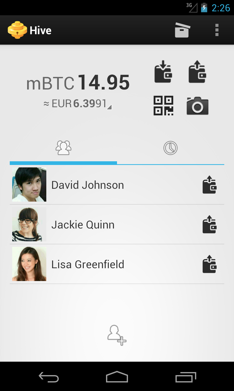 Hive wallet for Android showing home screen